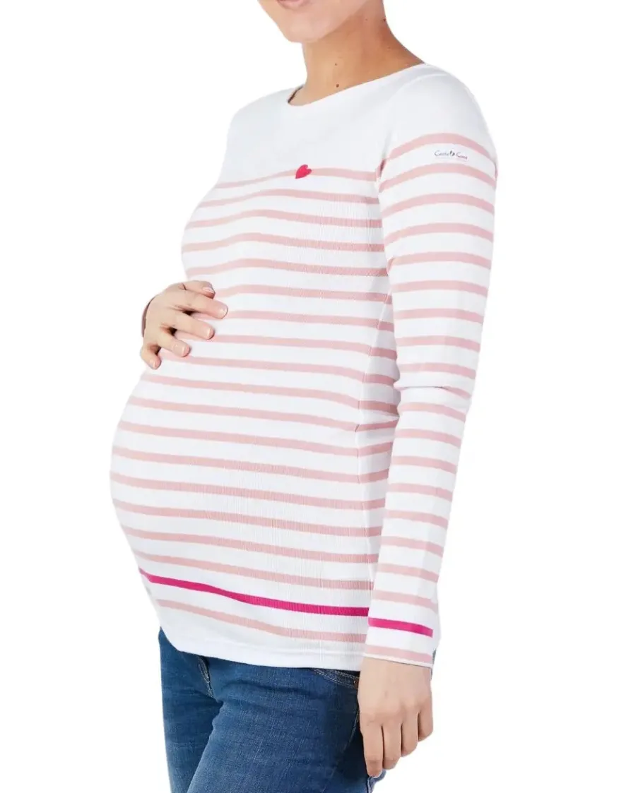 Cache Cœur Pulls D'allaitement | Chemises Et Tops D'allaitement-Marinière de grossesse blanc et rose Brest - Made in France