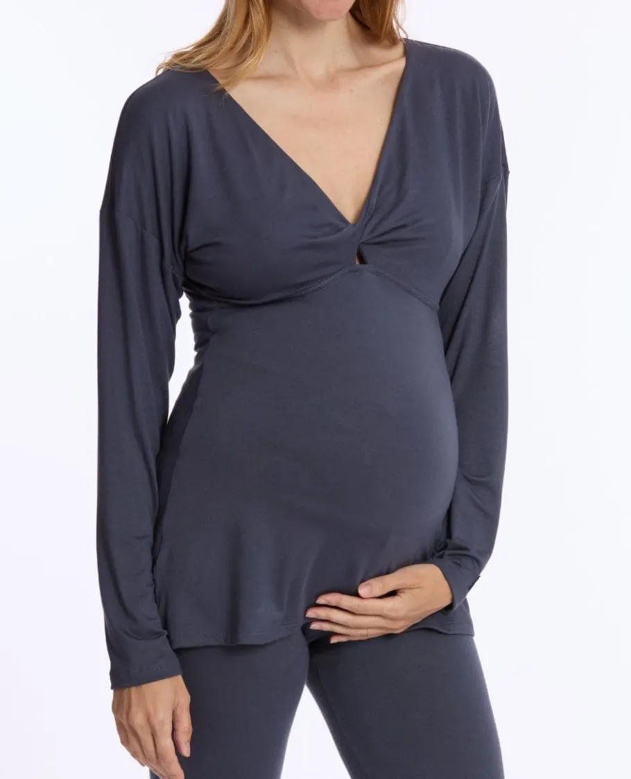 Cache Cœur Homewear | Chemises Et Tops D'allaitement-T-shirt manches longues de grossesse et d’allaitement Louna bleu nuit