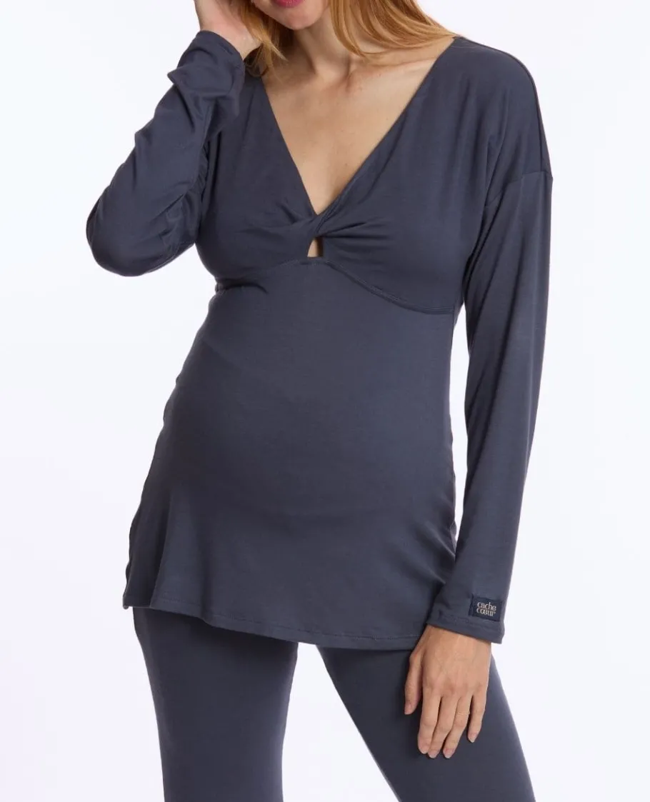 Cache Cœur Homewear | Chemises Et Tops D'allaitement-T-shirt manches longues de grossesse et d’allaitement Louna bleu nuit