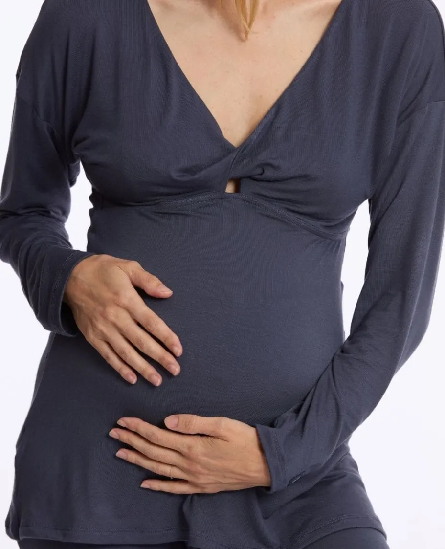 Cache Cœur Homewear | Chemises Et Tops D'allaitement-T-shirt manches longues de grossesse et d’allaitement Louna bleu nuit